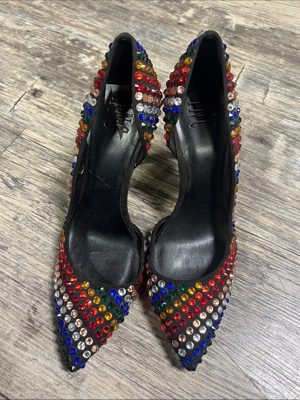 INC International Concepts Black Pointed Toe Pumps with Multicolor Rhinestones